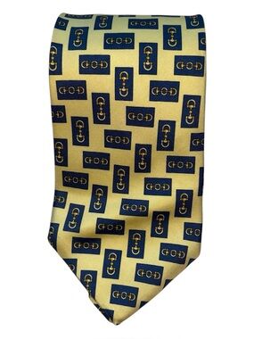 Paolo Gucci Men's Necktie Yellow & Navy Geometric Equestrian Motif 100% Silk